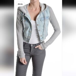 Hollister Light Blue Denim Jacket with Gray Hood